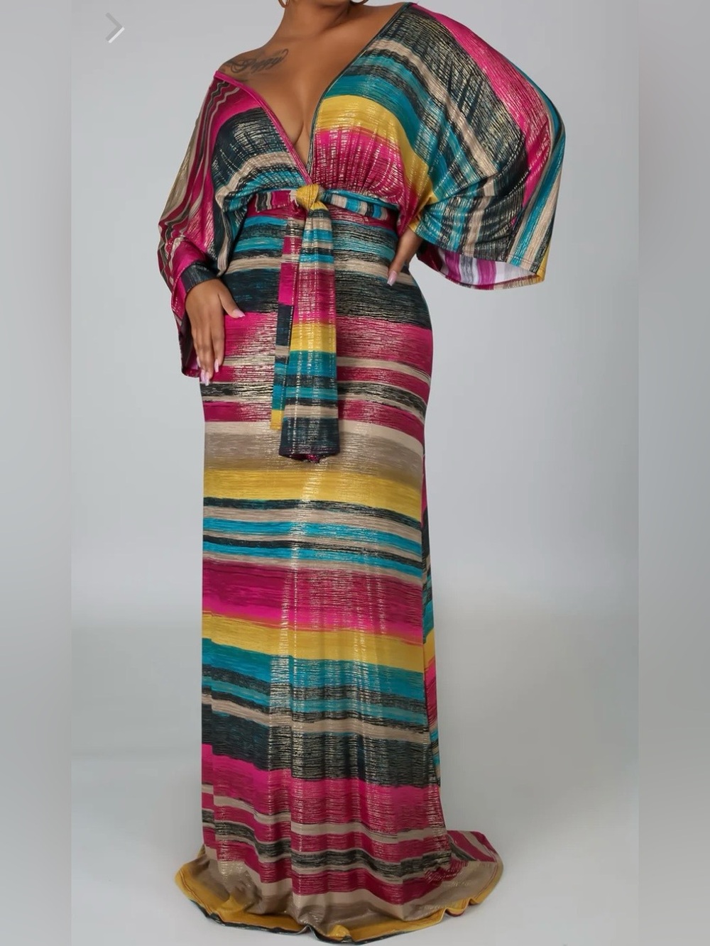 Women's Multicolor Striped Maxi Dress with Tie Front